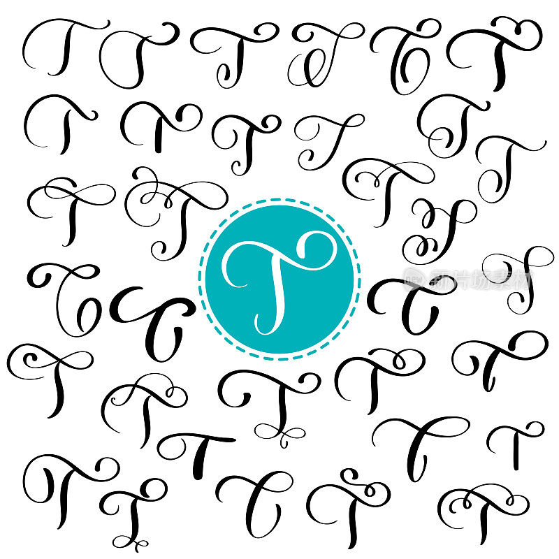 Set letter T. Hand drawn vector flourish calligraphy。脚本的字体。用墨水写的孤立的信件。手写的画笔风格。手写字体标识包装设计海报